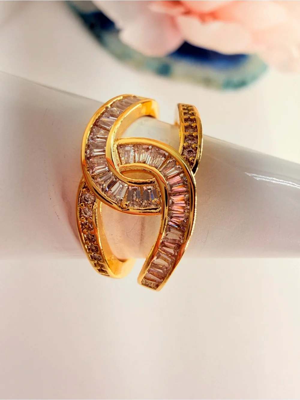 Gold-Tone Pink Baguette Crystal Wave Ring